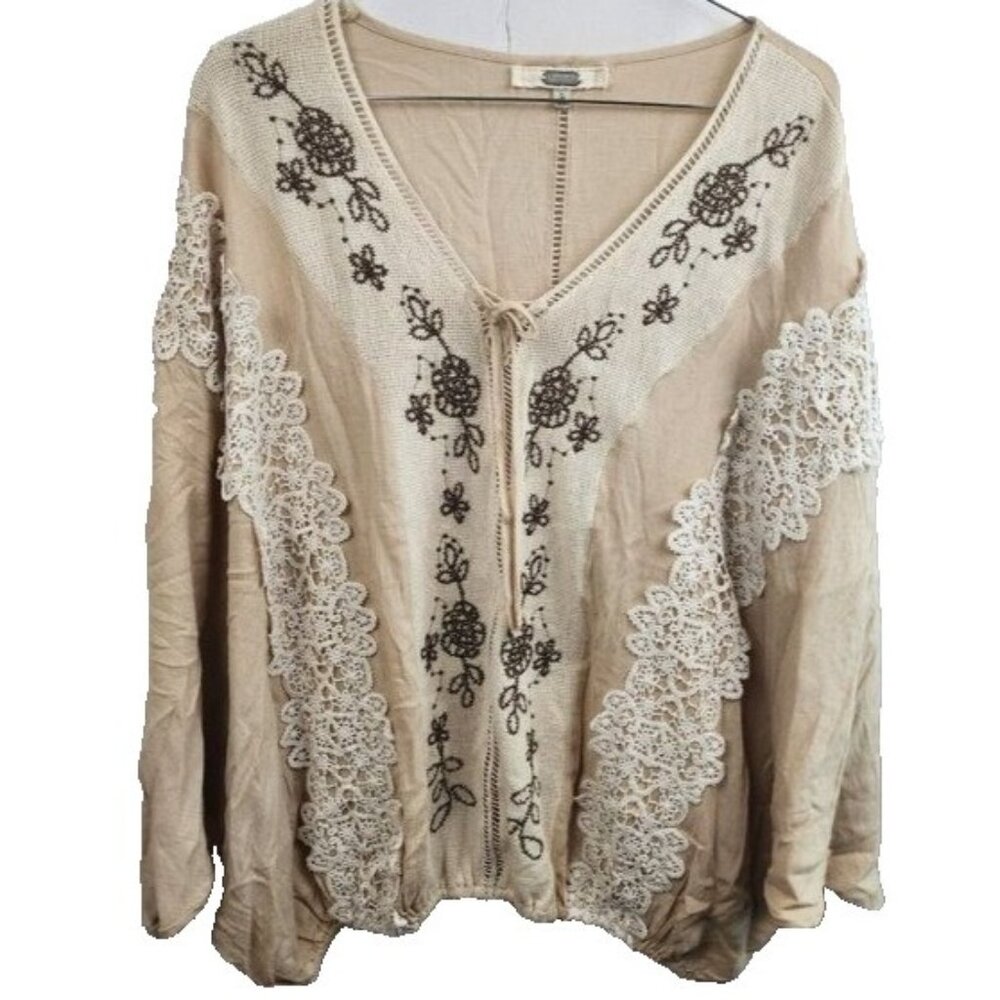 Gimmicks Womens BOHO Cottagecore Top Size Large Beige Embroidered Lace Festival - Picture 1 of 11